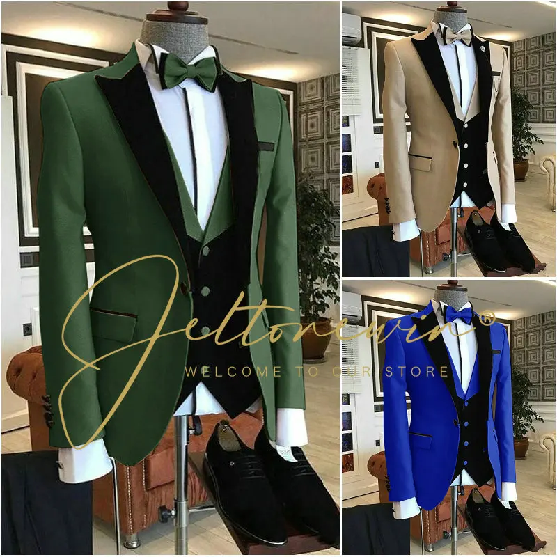 2024 Costume Homme 3 Pieces Dark Green Groom Tuxedos Men Wedding Suits Peak Lapel Groomsmen Wear Prom Blazer Terno Masculino