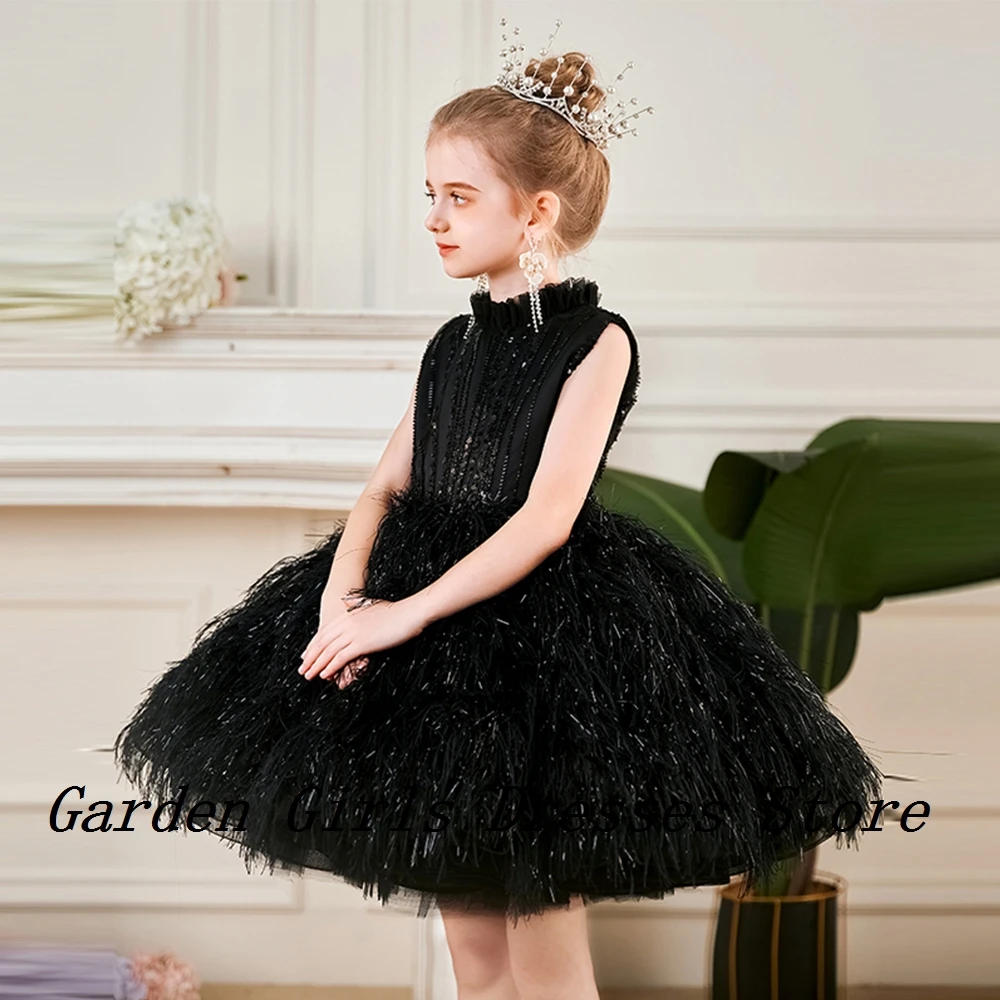 Charming Black Flower Girls Dresses with Sequined 2024 Summer Tiered Feather Christmas Dresses for Princess فستان عيد الميلاد