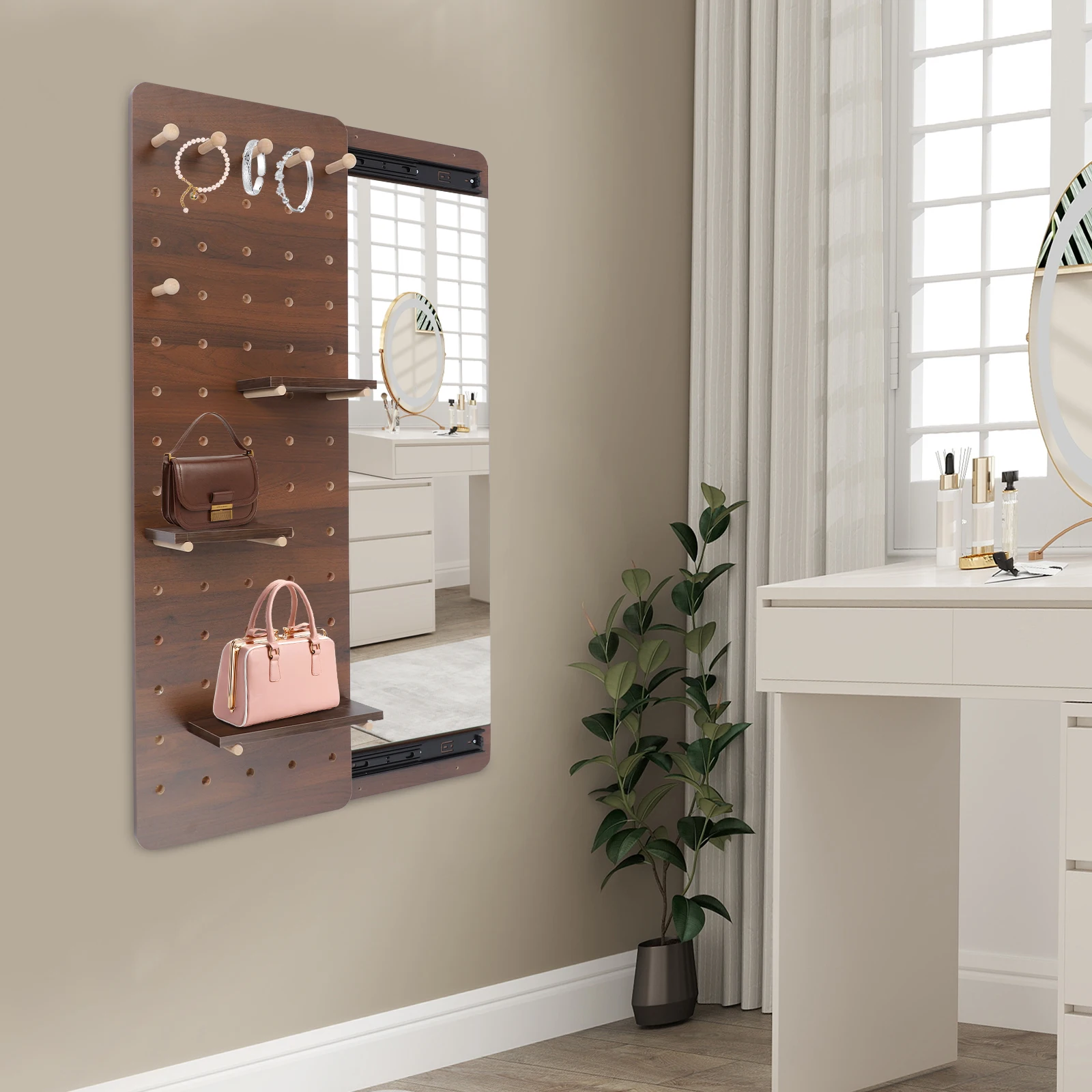 

Walnut-coloured 120×40 Concealed Full-length Mirror wWth Sliding Perforated Panel,Full Length Mirror With Shelf and Hooks, Entry Way Mirrors For Wall, Wall Mirror With Pegboard