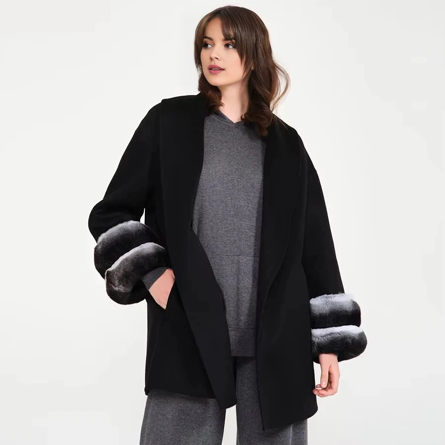 Chinchilla Rex Rabbit Fur Coat Winter Wool Blends Jacket Women Real Fur Collar Best Selling Cashmere Jacket Luxury