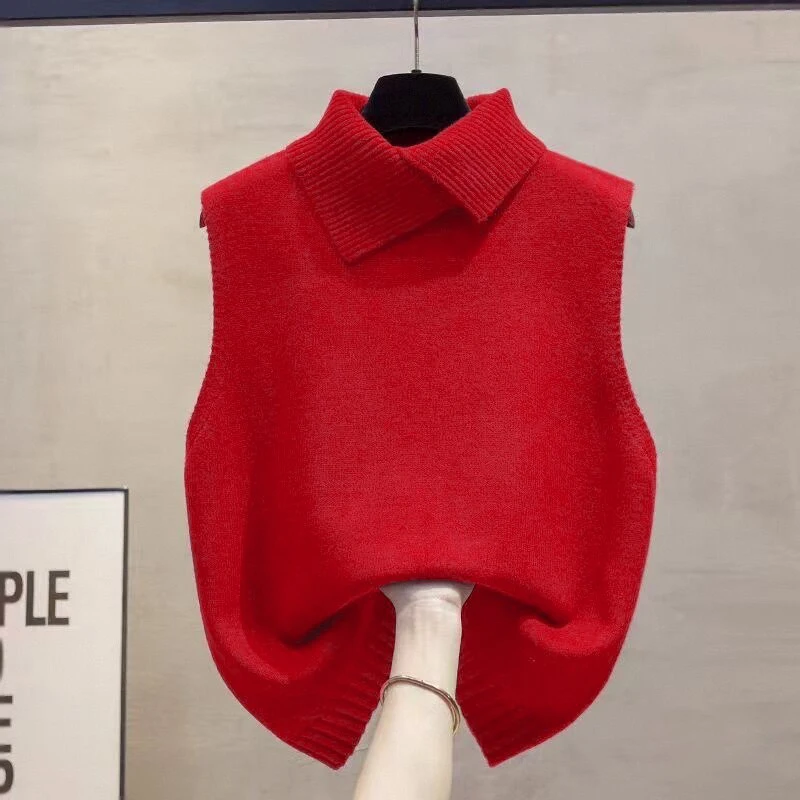 *Autumn Winter Korean Solid Color Lapel Sleeveless Versatile Casual Knitted Vest For Women