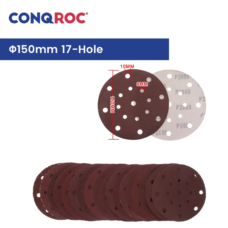 Sanding Discs 150mm(6-Inch) 17-Hole Aluminum Oxide Dry Sanding Papers Hook and Loop 25-Piece Grit 24~2000