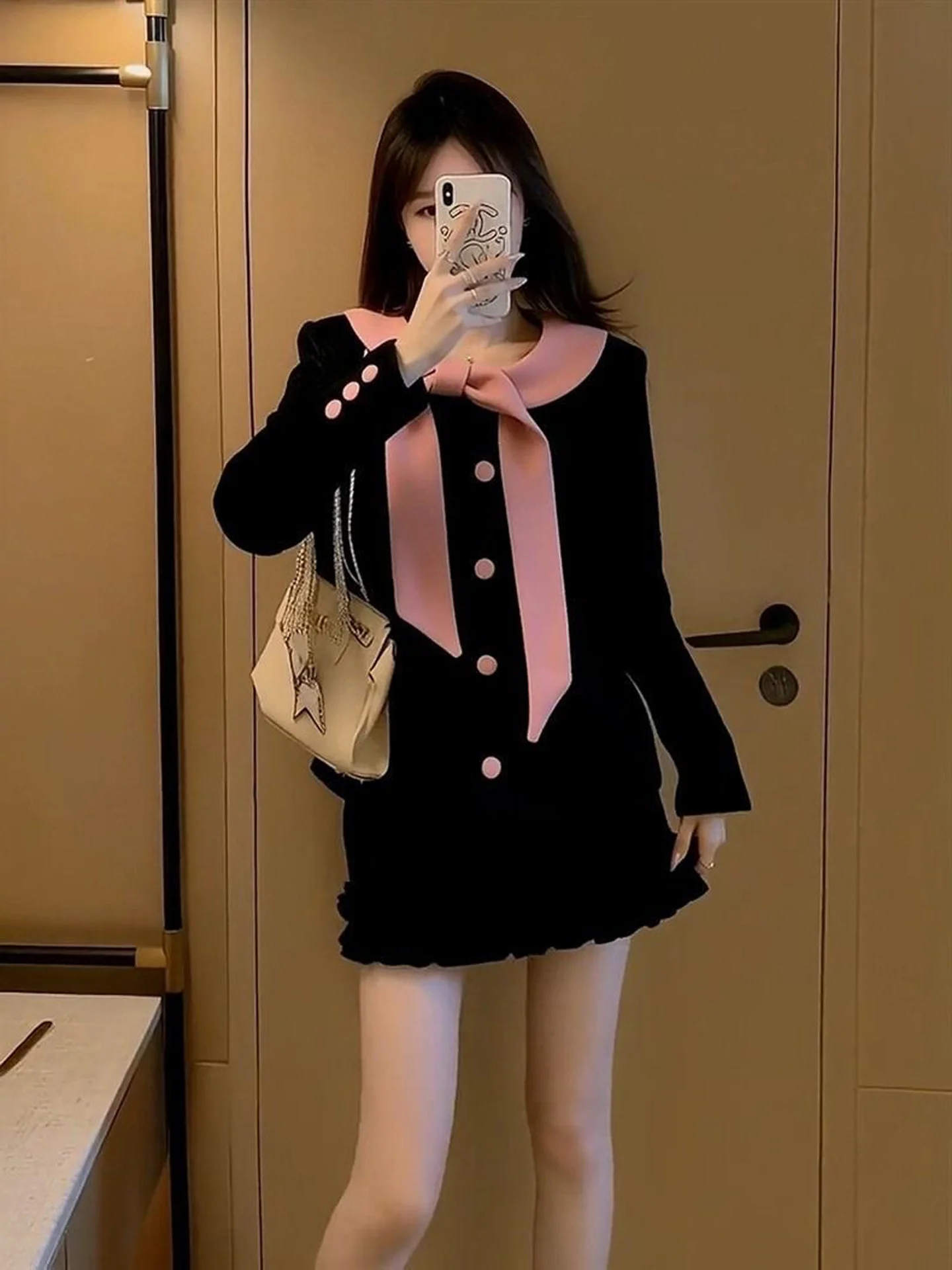 Elegant Black Two-Piece Set Women's Fashion Spring Autumn High Waist A-Line Skirt Top Half Body Skirt Set Commute Simple Style