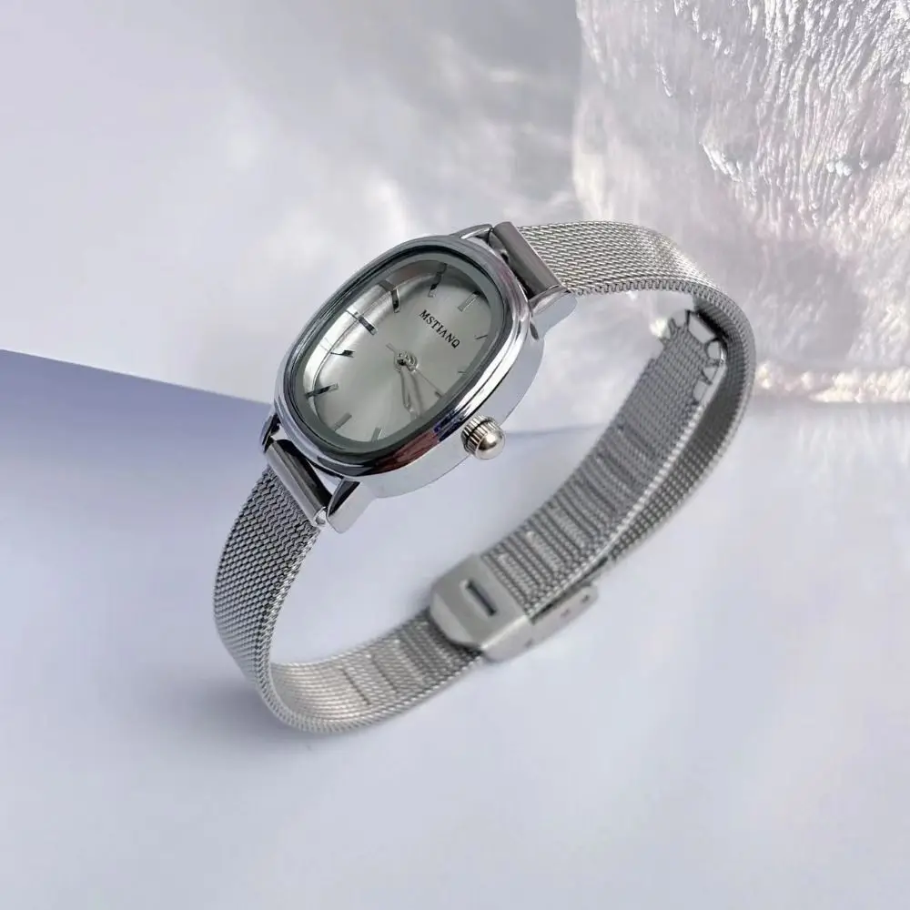 Reloj de mujer con esfera ovalada simple, relojes de pulsera de cuarzo de acero inoxidable para mujer, color verde y morado, regalos