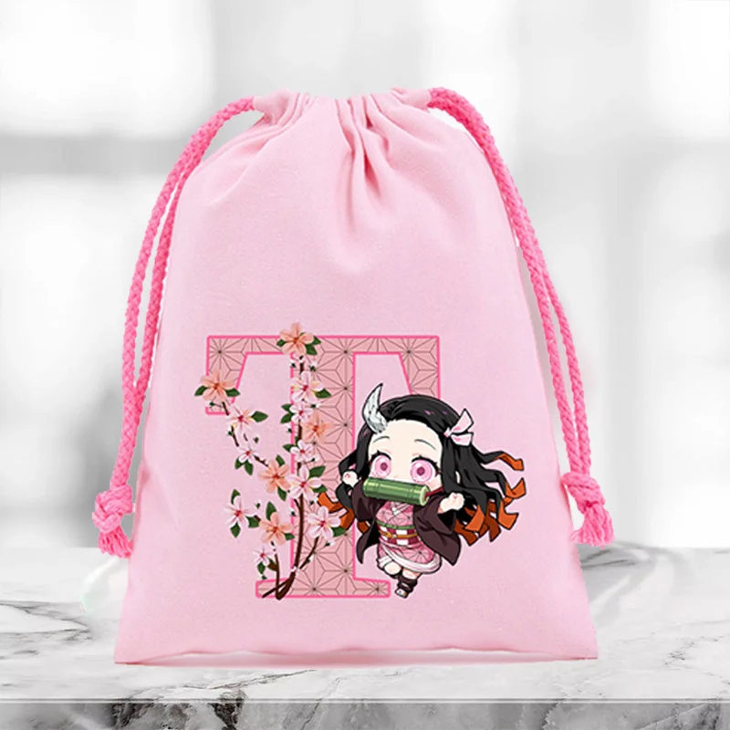 

Мешочек на шнурке Demon Slayer для подарков на день рождения, украшение для вечеринки, аниме-сумка для хранения с буквами A-Z, органайзер для косметики, мешочки для хранения