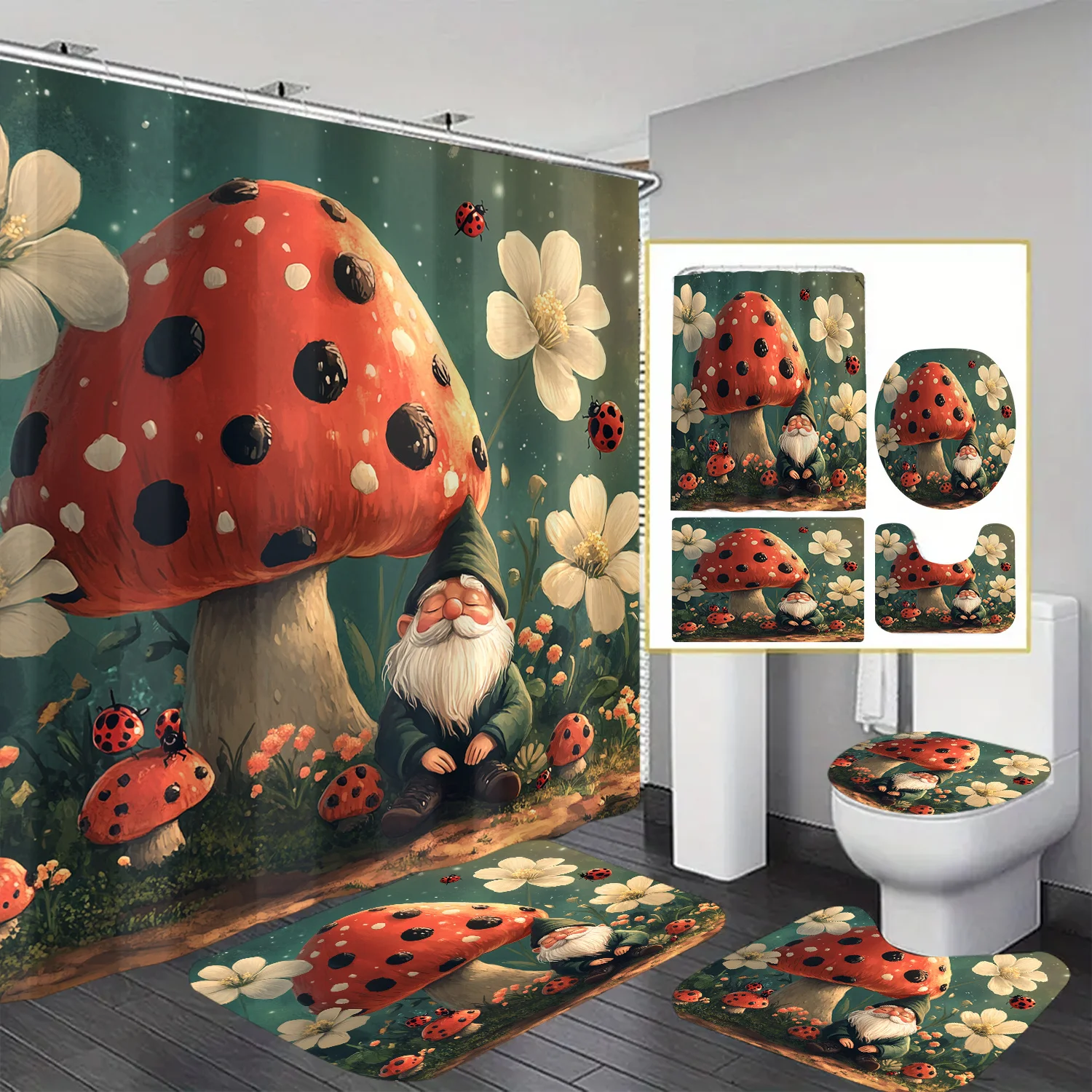 

Mushroom & Gnome Polyester Blend Bath Curtain Set with Water-Resistant Non-Woven Fabric, Machine Washable, Includes 12 Hooks