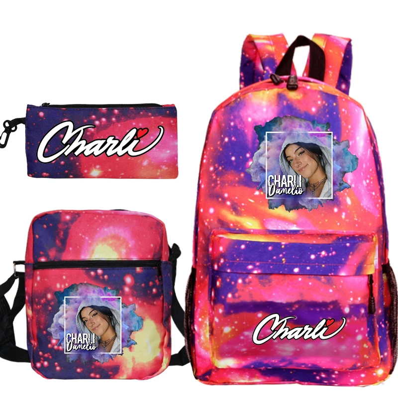 3 개 세트 Charli Damelio 배낭 소녀 캔버스 학교 배낭 소년 책 배낭 여성 데일리 가방 어린이 Bookbag Mochilas