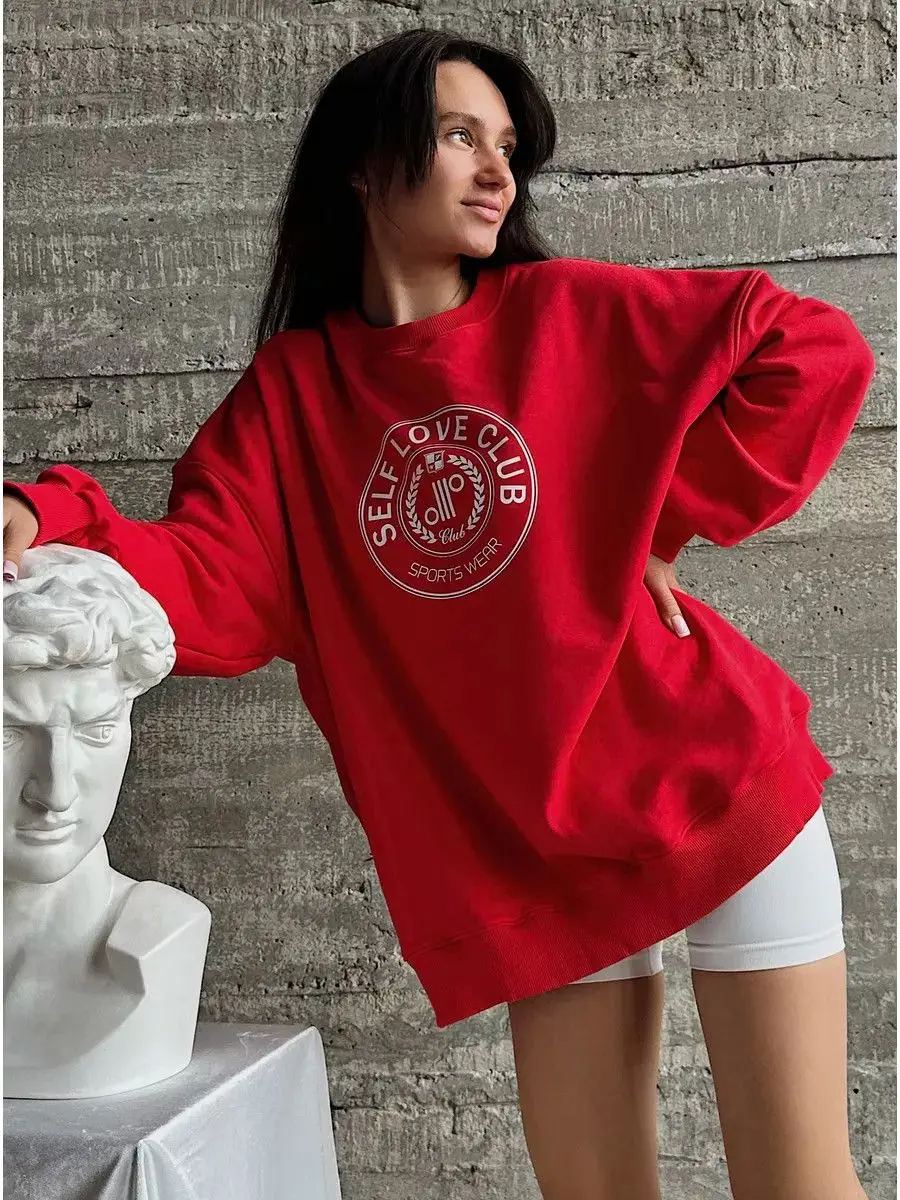 Bluza z nadrukiem Amerykański Klub Samopoczucia, okrągły dekolt, oversize, 6 kolorów, różowa, szara, dla par, moda uliczna, jesienna bluza