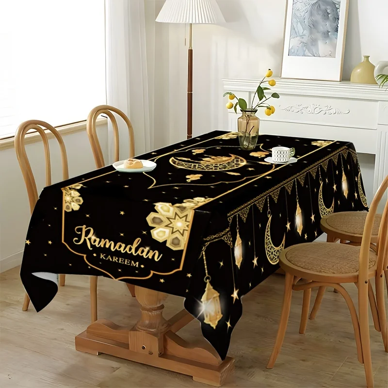 1 Stück Eid Mubarak Polyester-Tischdecke, Ramadan Kareem schwarze Tischdecke, islamische muslimische Party-Dekoration, Eid Al Adha-Geschenke