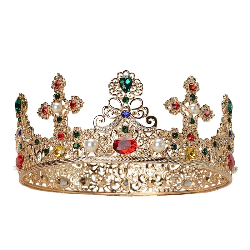 Prince Women Gold Red Green Crystal King Crowns Men European Alloy Metal Round Tiaras Crowns Costume Witch Pageant Headpieces