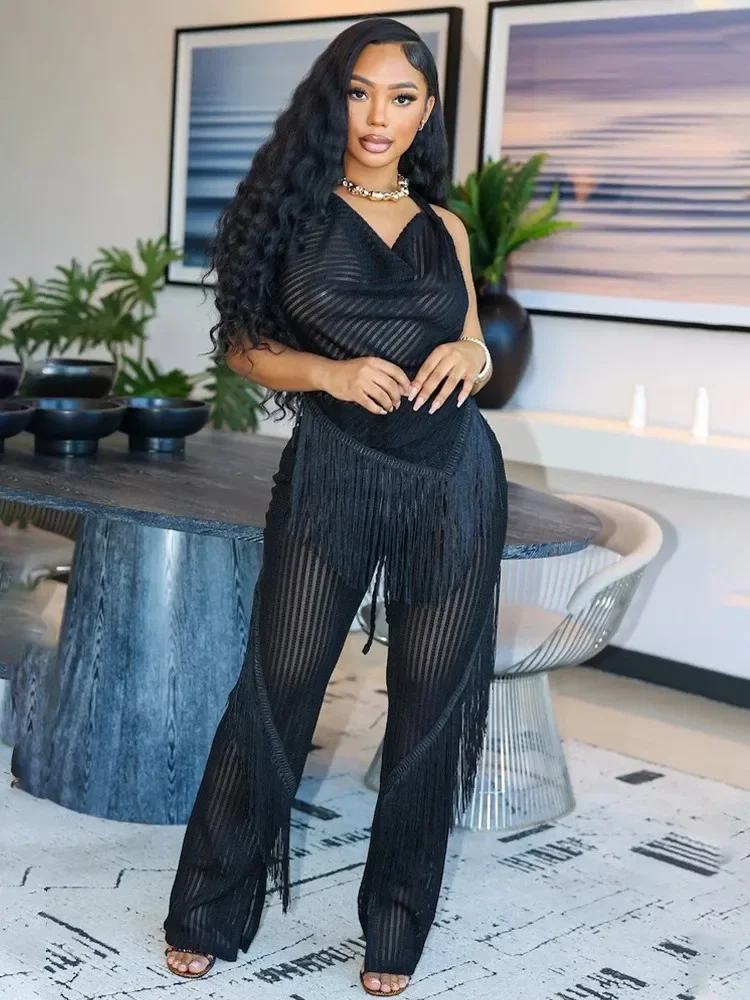 

Tassels Patchwork 2 Piece Sets Women Sexy Backless Halter Irregular Vests and Wide Leg Pants Matching Party Club Outfits