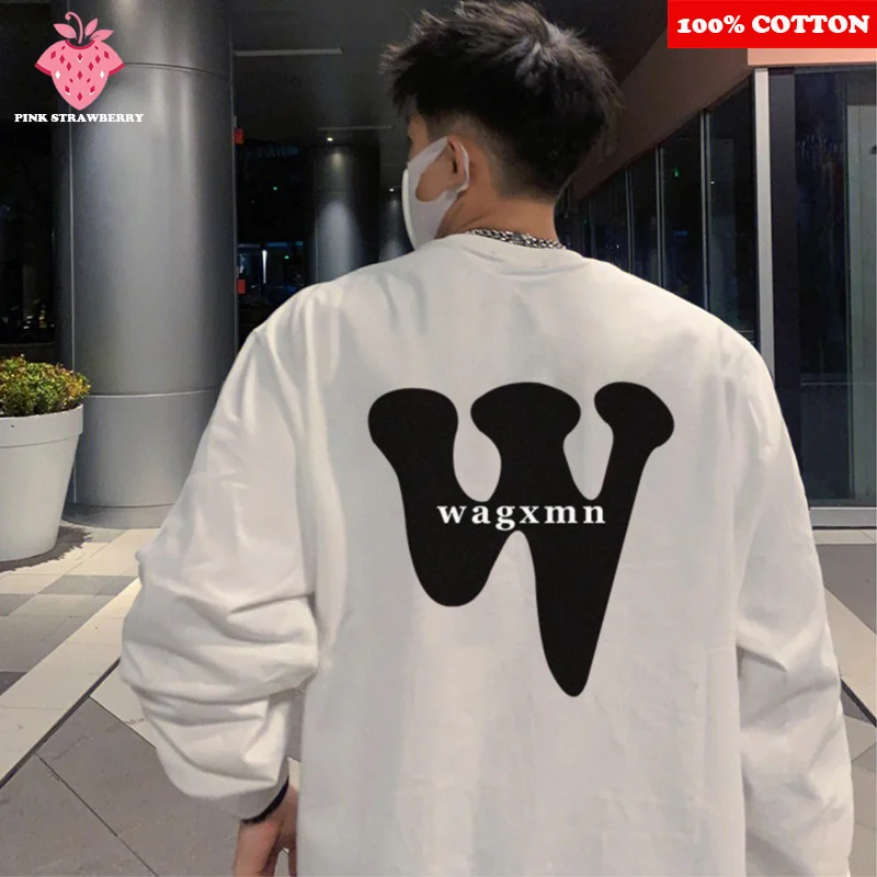

American W Letter Print T-shirt Men Autumn Winter 2025 New 100% Cotton White Long sleeved Casual Loose Tee Y2k Top men clothing