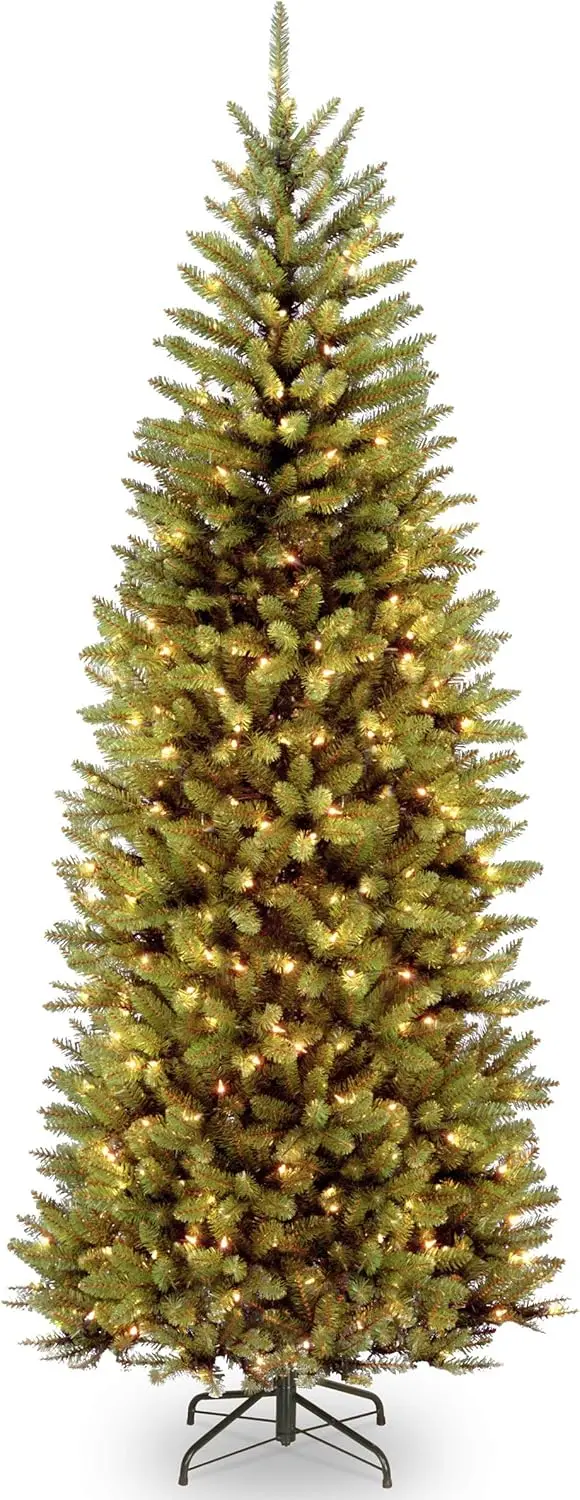 Artificial Pre-Lit Slim Christmas Tree, Green, Kingswood Fir, Dual Color Led Lights, Includes Stand, 7.5 Feet