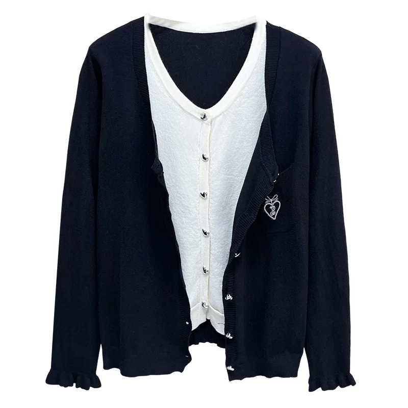 

Fashion Plus Size Women's Sweaters Autumn New Stylish And Youthful lace-up Embroidered Pocket Fake Two Pieces Knitted Cardigan