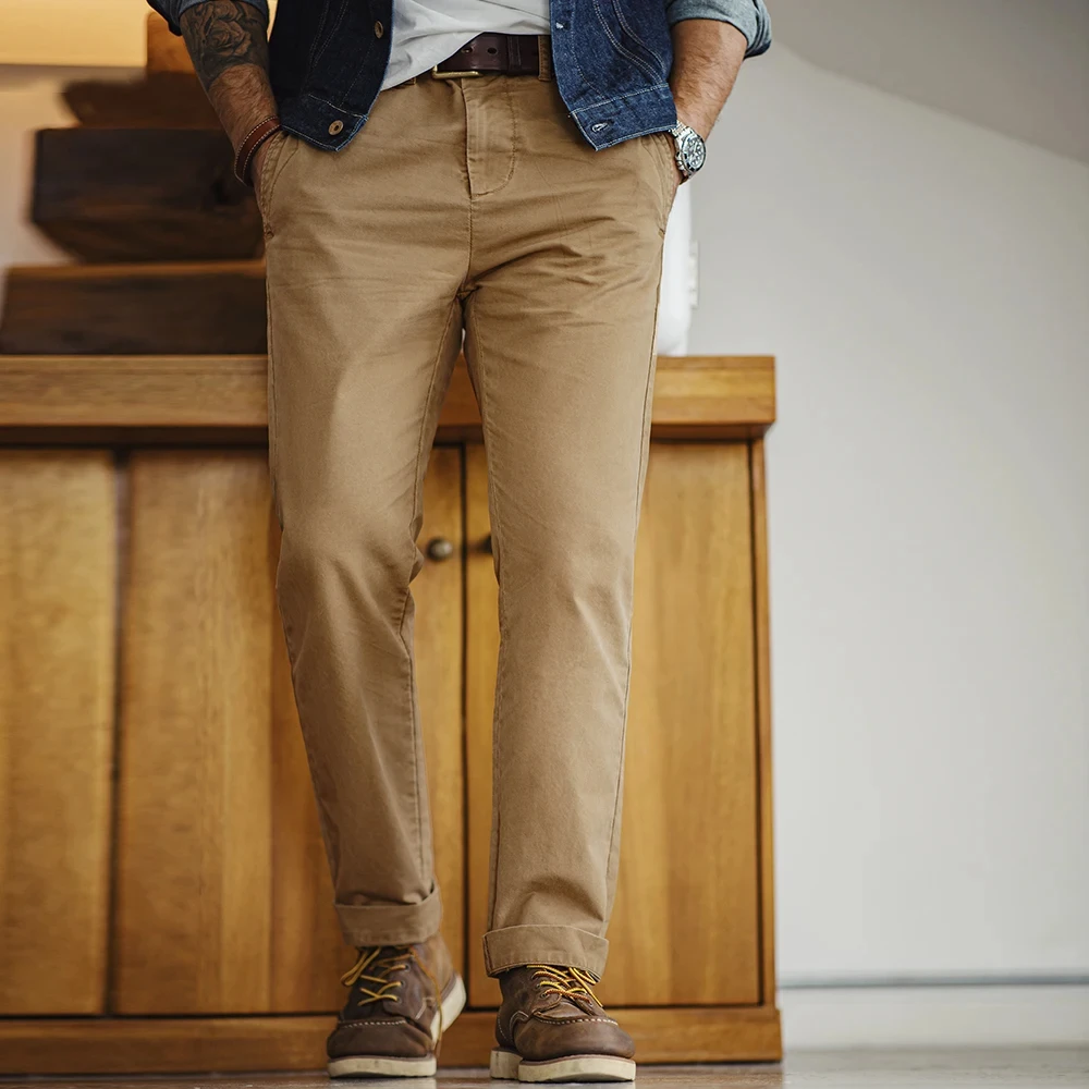Maden Vintage Heavyweight Khaki Casual Pants Twill Cotton Straight Pants for Men\'s Autumn Workwear Classic Zip Fly Trousers