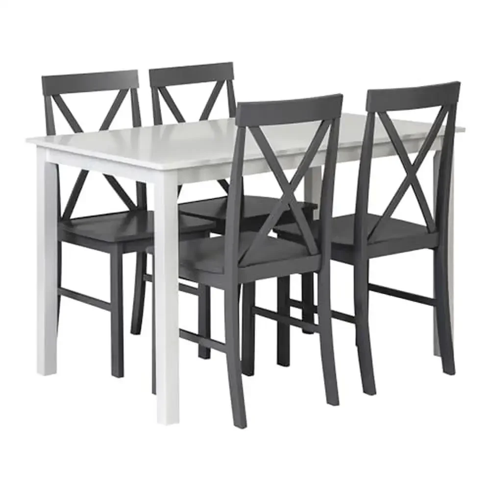 Wood Dining Table Set 4 Chairs Modern Farmhouse X-Back White Grey Rectangular Kitchen  48x30