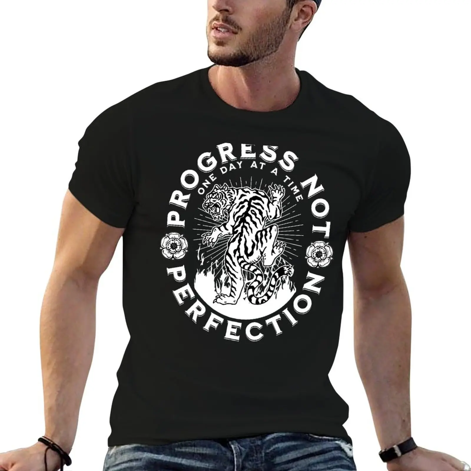 

Progress Not perfection Tattoo Style Sobriety Tiger Design. One Day At A Time. T-Shirt