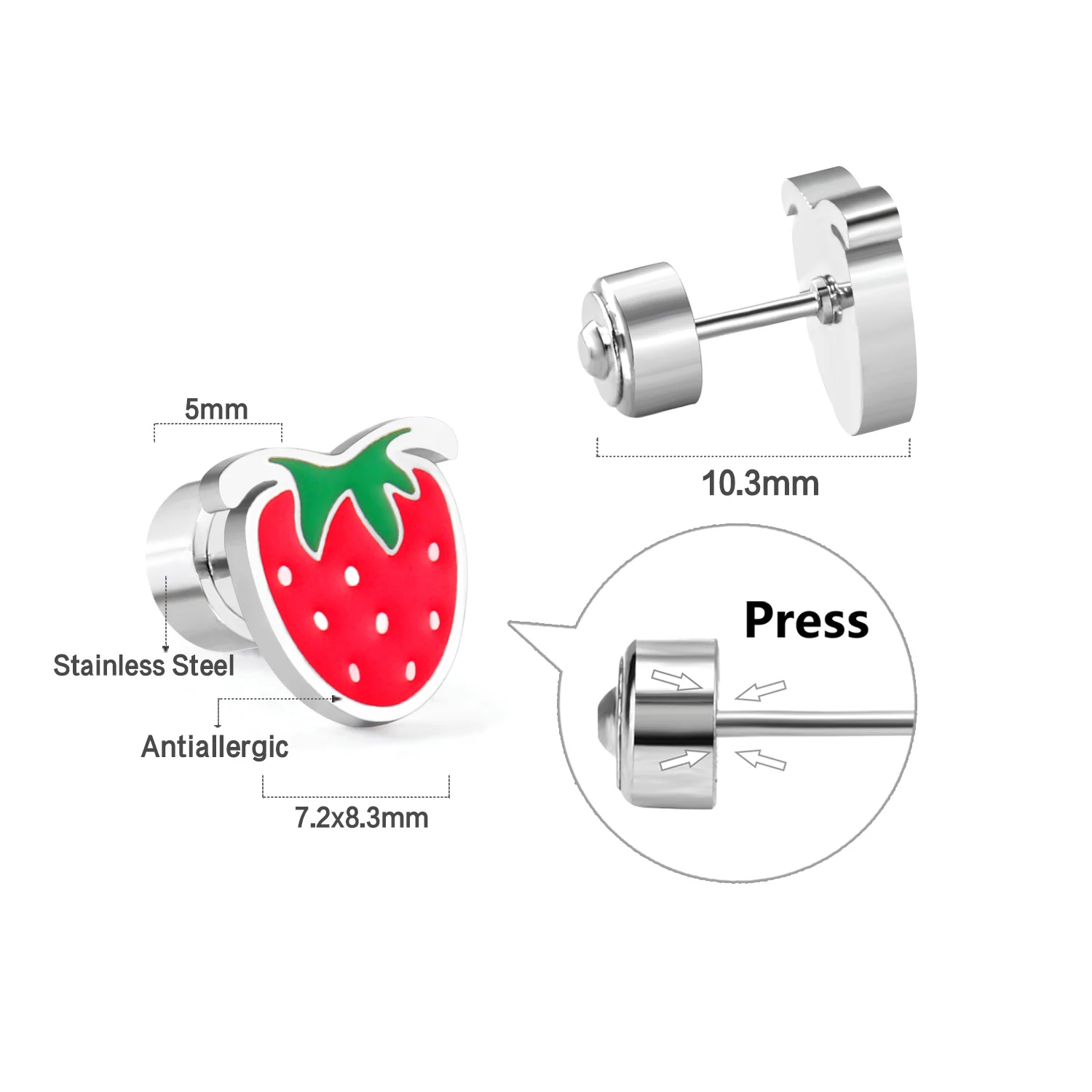 12Pair Cute Tiny Stud Earrings Sets Press Piercing For Women Girls Stainless Steel Gold Silver Plated Strawberry Cartoon Stud