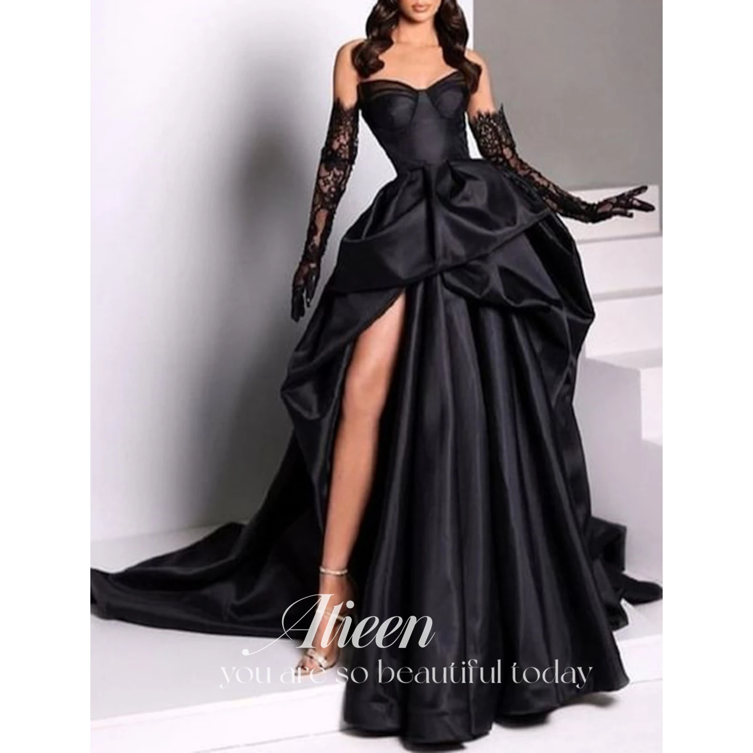 Black Sweetheart Satin Sleeveless Ball Gowns Gold Dress Women Elegant Party Robe Soiree De Luxe customized Long Dresses Evening