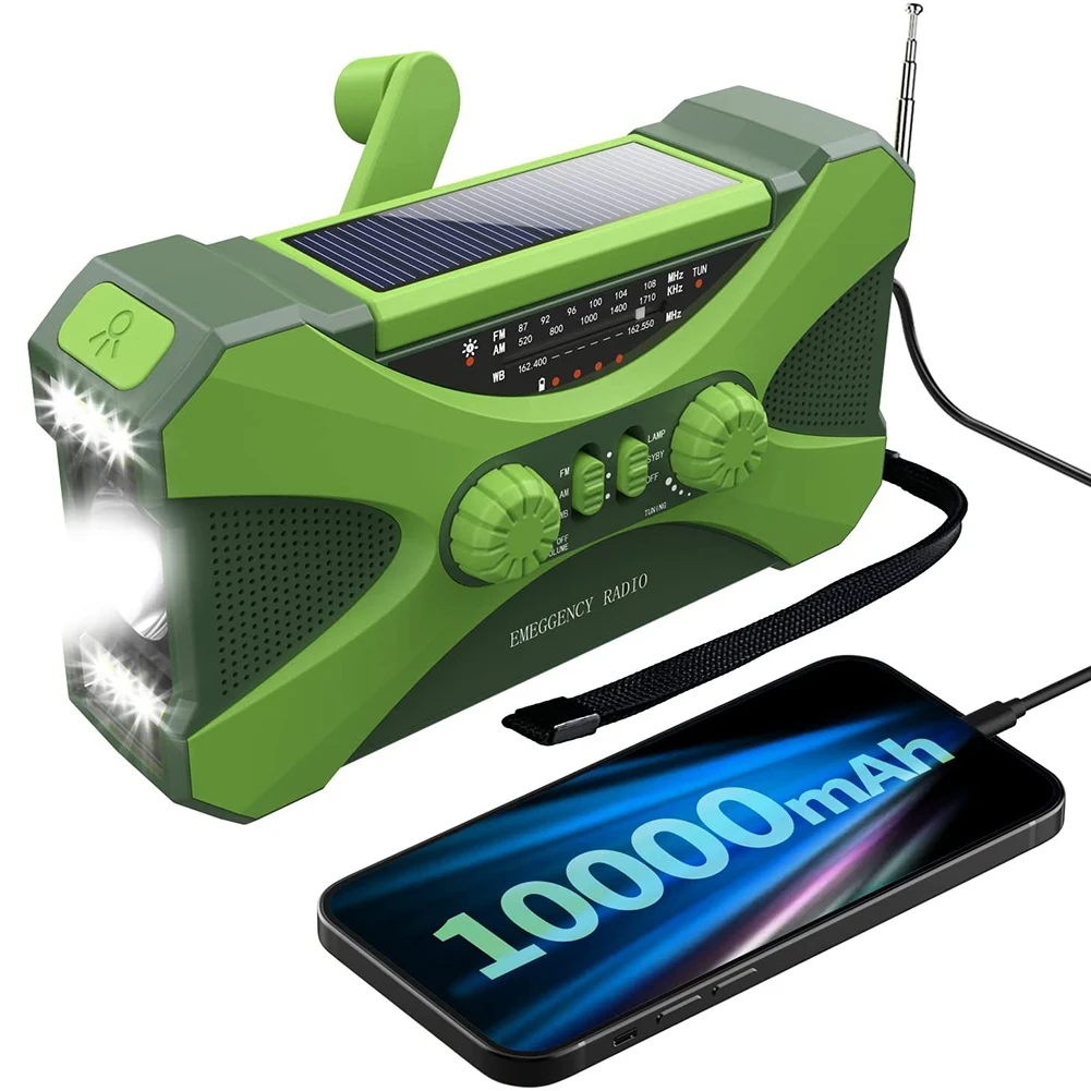 

10000MAh Emergency Radio, Solar Hand Crank Radio, Portable Radio with Phone Charger, LED Flashlight Green