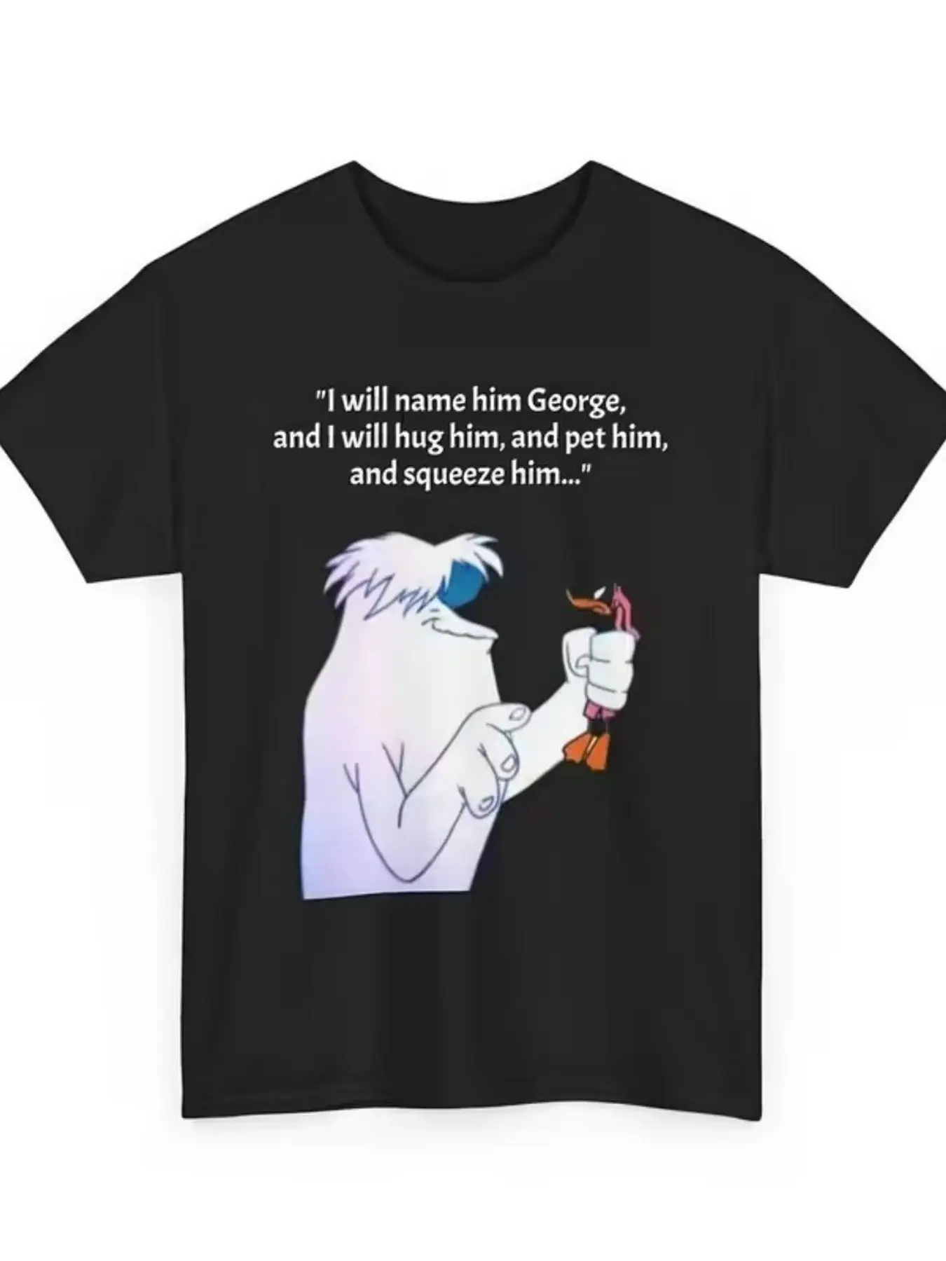 I Gave Him the Name George Cartoon Illustration Plus Size T-Shirt - Playful and Quirky Design Featuring a Furry Creature and an Orange Bird Wearing a Red Scarf, Casual Black T-Shirt Suitable for Fun Outings, the Perfect Gift for Animal Lovers and Cartoon Fans