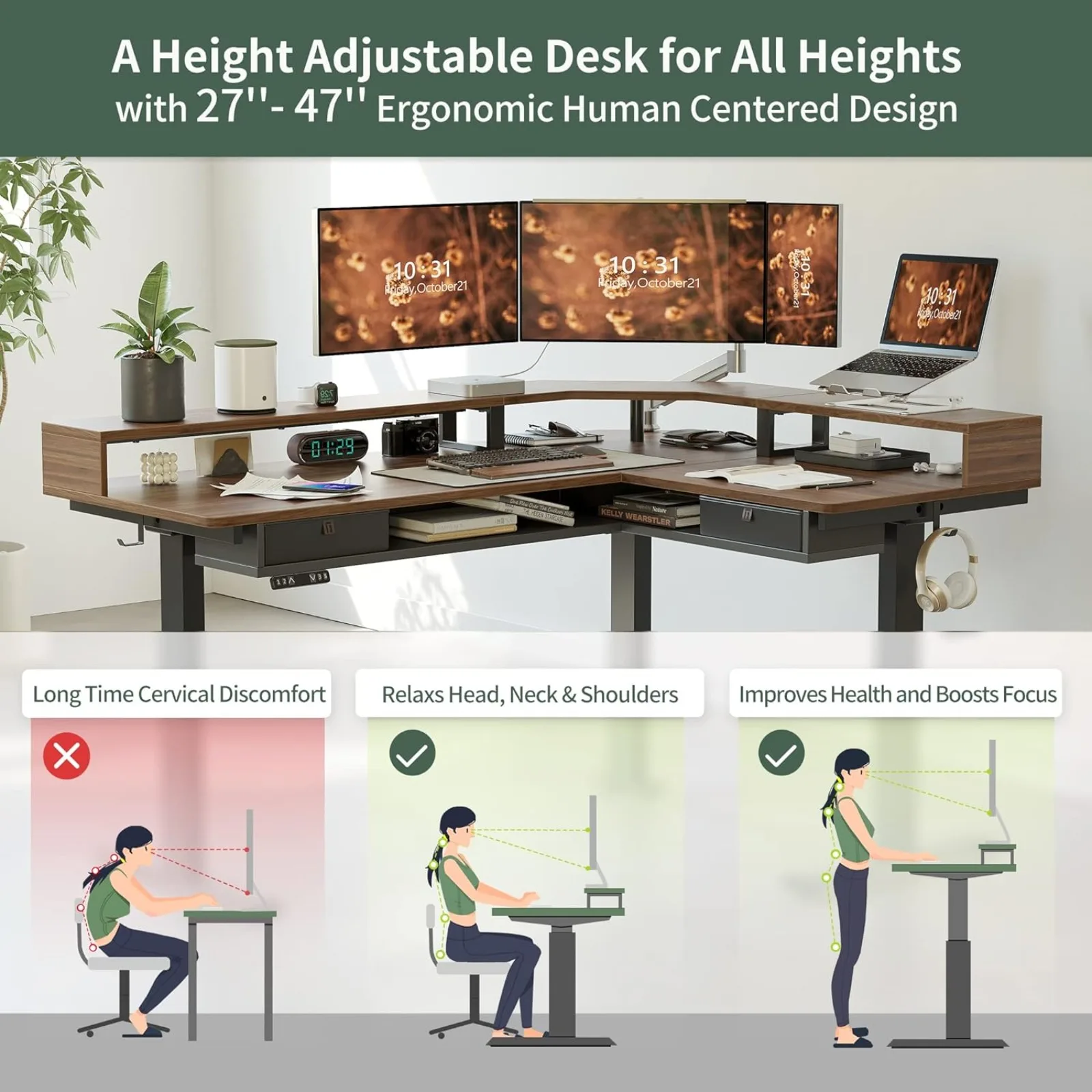 US L Shaped Standing Desk with LED Strip & 2 Drawers, Triple Motors Supports Over 300lbs, Upper and Lower Storage