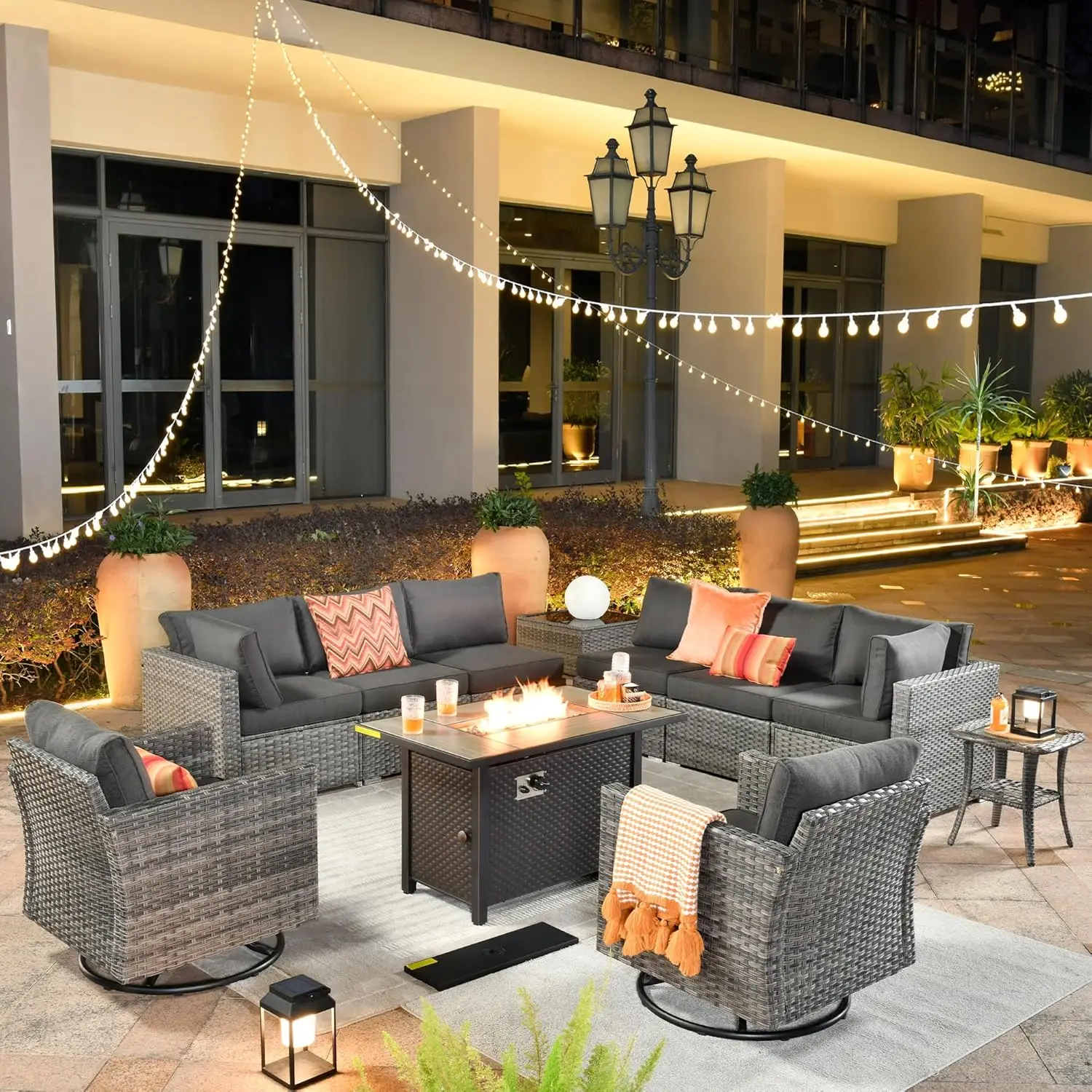 

11 Piece Outdoor Patio Furniture Set with Fire Pit Table,Conversation Sectional Wicker Couch with Swivel Chairs