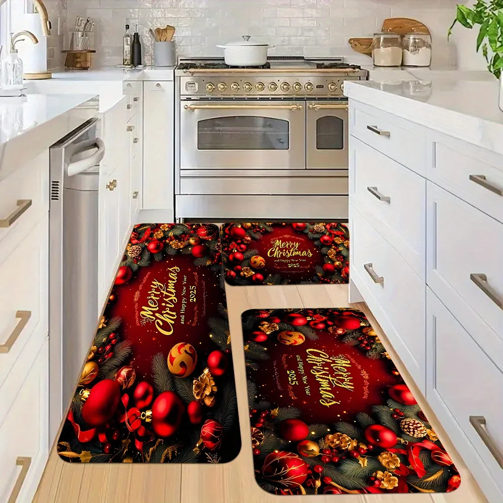 VIKAMA Christmas Kitchen Runner Set Non Slip Washable Red Bauble Pine Cone Floor Mats Xmas Holiday Rug for Rustic Farmhouse view 2