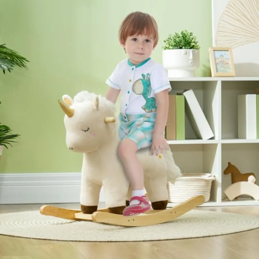 Rocking Horse, Plush Ride on Unicorn with Realistic Sound, Wooden Base, Toddler Rocking Horse for 2-4 Years, White