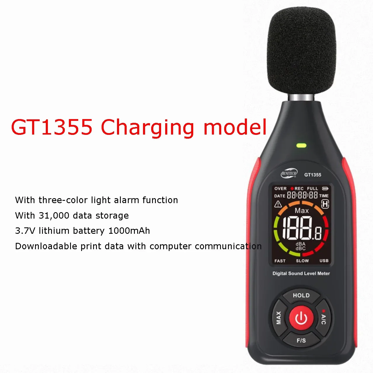 Noise Reader Coloured Screen Display Decibel Meter Sound Level Tester Datalogger with Visual Alarm,43,000 Data Set SPL Monitor