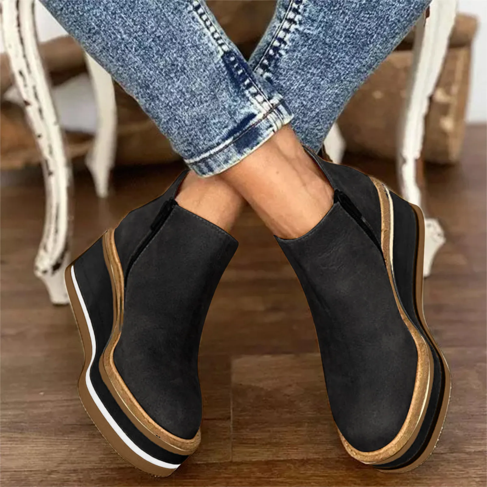 Platform Ankle Boots Wedge Heel Fashion Plus Size Women\'s Solid Side Zipper Boots Wedges Casual Autumn Winter Daily Booties