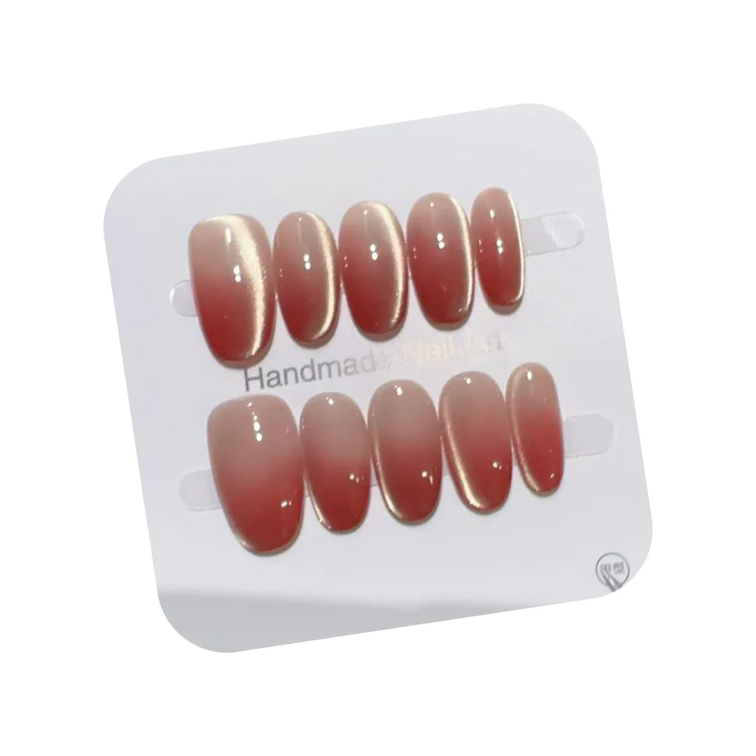 10 pièces léger luxe fait à la main court ovale presse sur les ongles vin rouge dégradé oeil de chat conception doux faux ongles portable ongles Art pointe