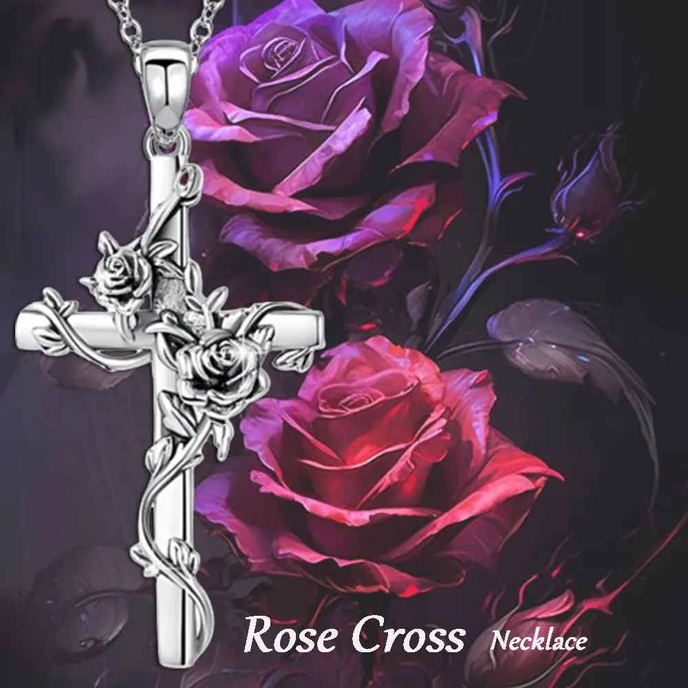 Fashionable and Romantic Hip-hop Style Retro Rose Wrapped Cross Pendant Necklace, A Perfect Gift for Family and Friends