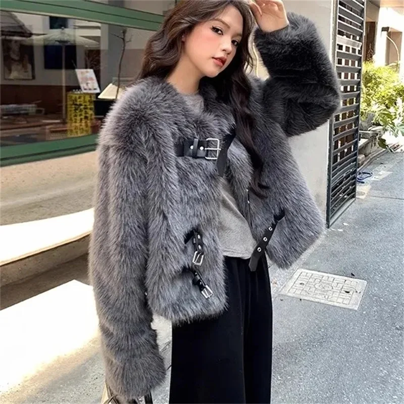 Fashion Fur Coat Women Short Jacket Faux Fox Fur Jackets Streetwear Ladies O-neck Fur Tops Autumn Winter Black Grey Fur Coats