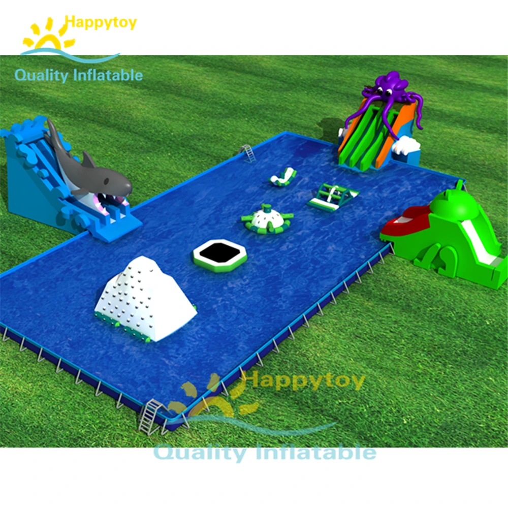 Commercial Inflatable Water Park Slide With Pool, Mobile Land Water Park For Sale