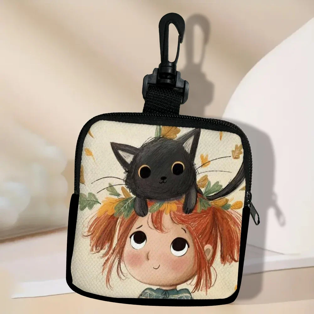 Cartoon-Mädchen, schwarze Katze, bedruckt, großes Fassungsvermögen, Münzgeldbörse, wasserdichte digitale Münzgeldbörse, Aufbewahrungstasche, ideale Wahl für Geschenke