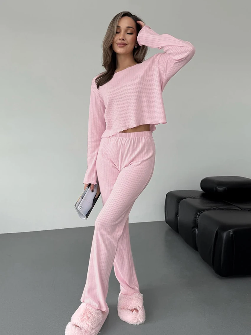 Marthaqiqi Casual Women'S Sleepwear Set Crop Top Pajamas Long Sleeve Nightie O-Neck Nightgowns Pants Loose Ladies Nightwear Suit