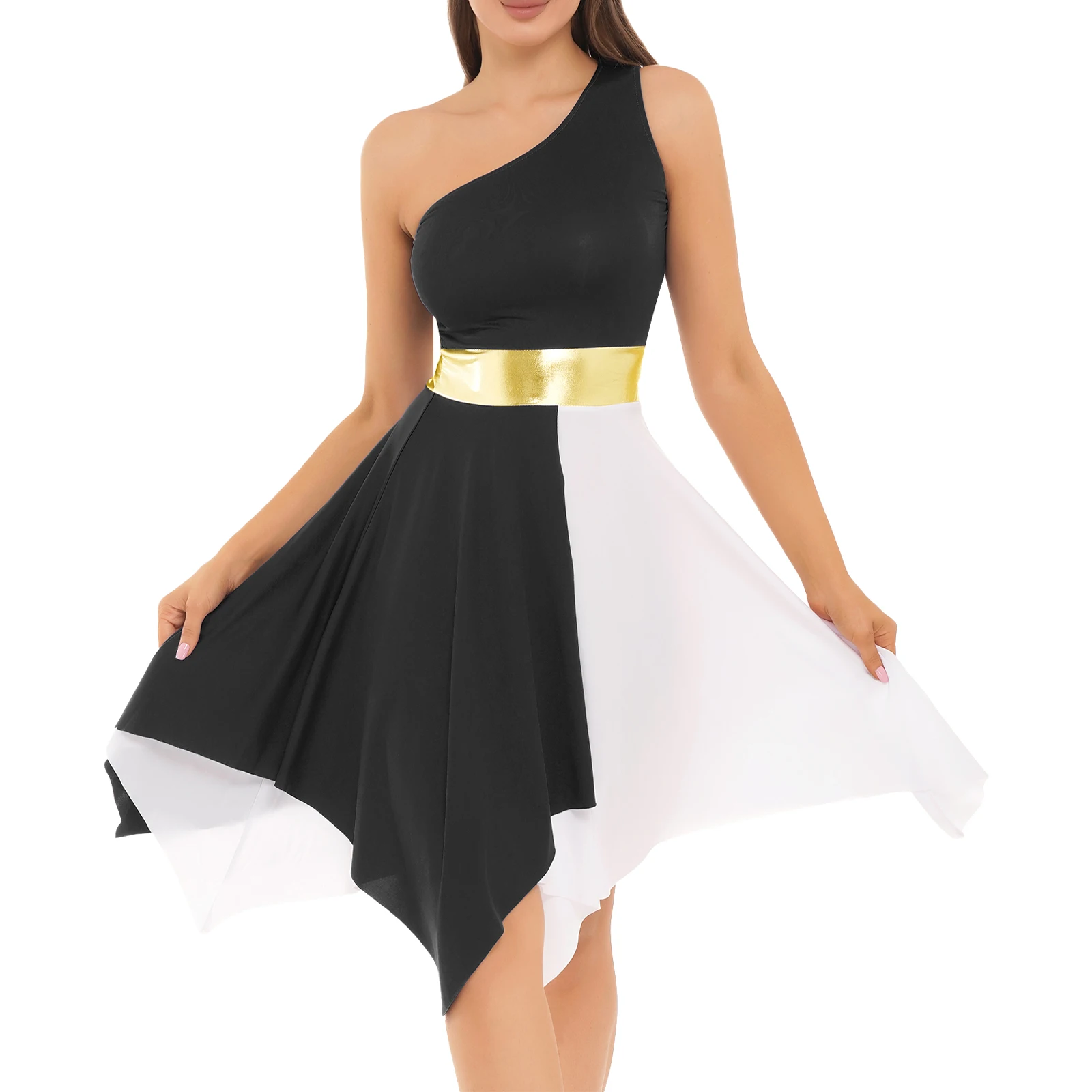 Vestido de baile lírico para mujer, ropa de baile de un hombro, bloque de Color, bailarina, fiesta, baile de graduación, coro, salón de baile, Vals, ropa de actuación