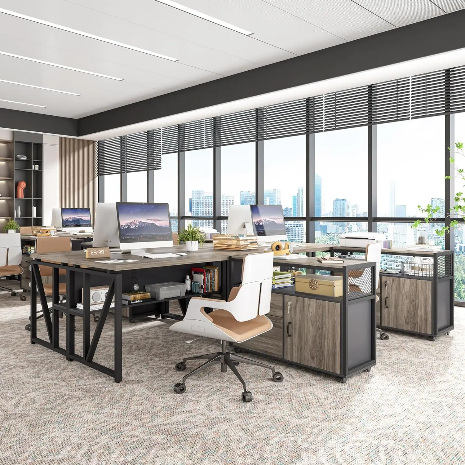 مكتب على شكل حرف L مع خزانة بأدراج، مكتب كمبيوتر تنفيذي مقاس 55 بوصة، رمادي