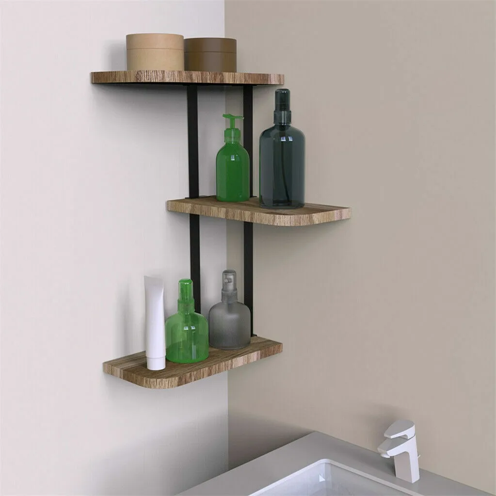 Iron Frame Corner Wall Mounting Shelf 3 Tier Wooden Floating Shelves Plants Rack