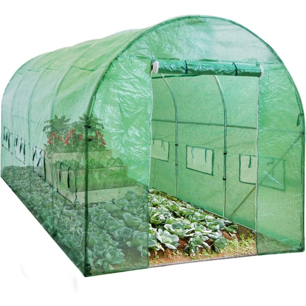 

15x7x7ft Walk-in Greenhouse Tunnel, Garden Accessory Tent for Backyard, Home Gardening W/ 8 Roll-Up Windows, Zippered Door