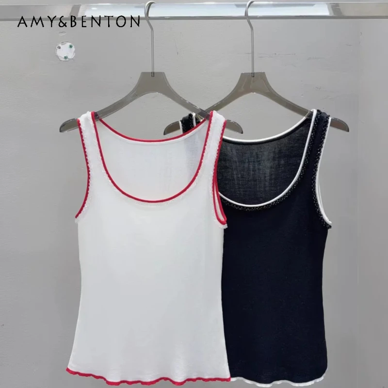 

American Hot Girl Design Contrast Color Women's Vest Sling 2026 Spring Summer New Loose Versatile Slimming Sleeveless Top Ladies