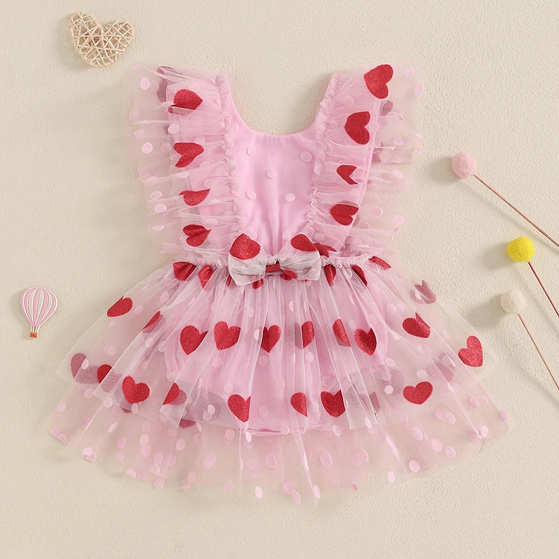 Baby Girl Valentine’s Day Jumpsuit Ruffle Sleeveless Dots Heart Print Romper Dress Infant Spring Outfit for 0-18 Months