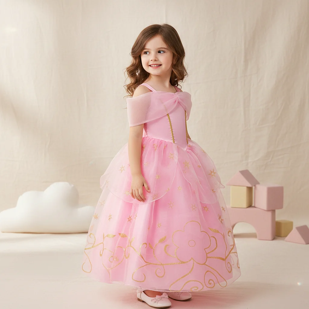 Bezauberndes Rosa Prinzessinnen-Festkleid mit Mehrlagigem Tüll und Goldenen Details Perfektes Geschenk für Geburtstag, Karneval, Schönheitswettbewerb oder Blumenmädchen