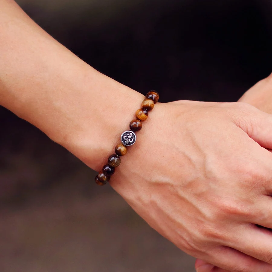 Simple Style Natural Stone Bracelet For Men Stainless Steel Metal Volcanic Rock Tiger Eyes Strand Braclet Perfect Gift Boyfriend