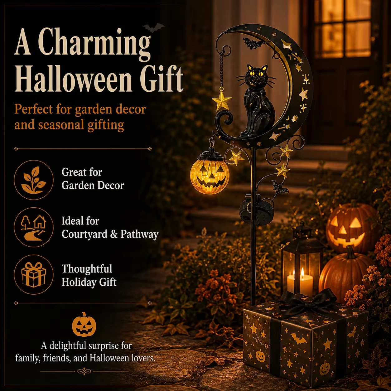 1Pc Halloween Solar Garden Stake Light, Black Cat Moon Pumpkin Lantern, IP65 Waterproof, Auto On/Off, Outdoor Lawn Pathway Decor