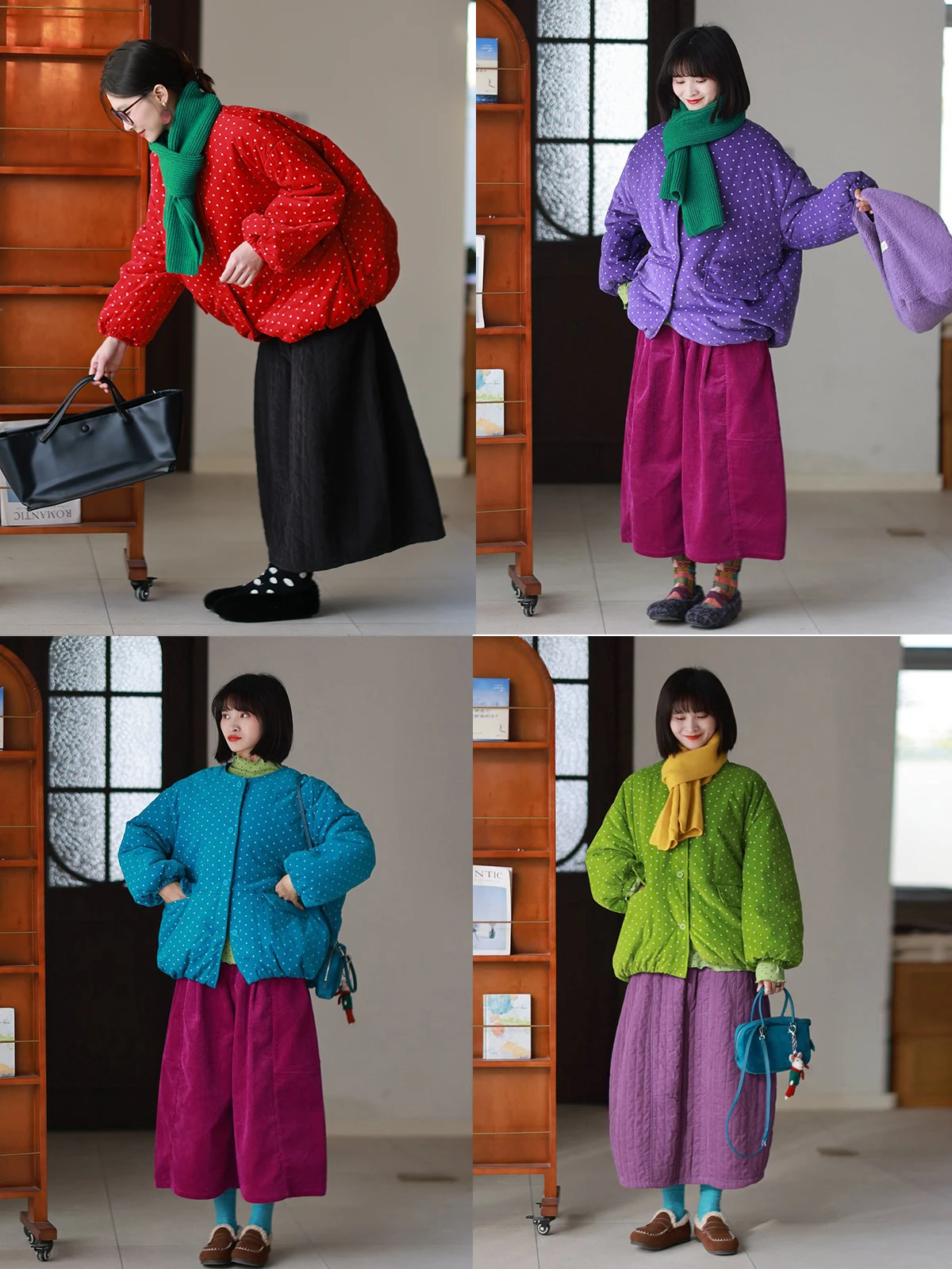 

Casual Loose Women's Cotton Jaet Spring 2026 Original Design Artistic Polka Dot Print Long Sve round Ne Single Button