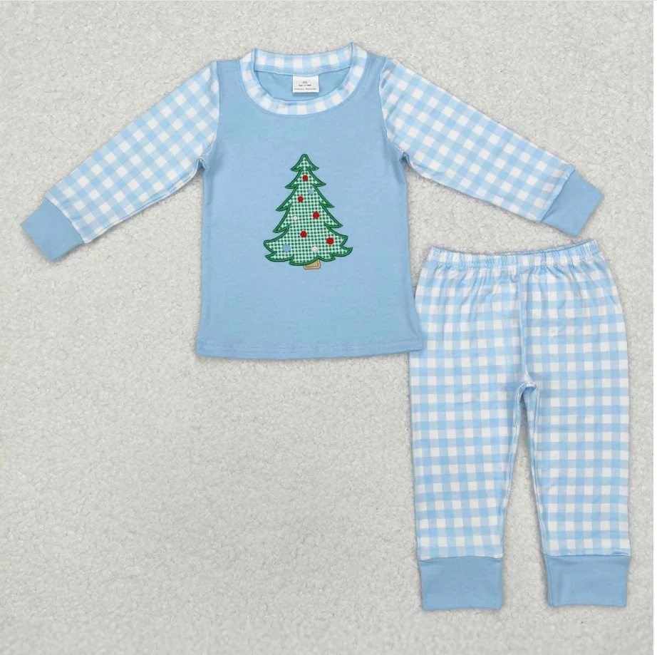 

Winter Holiday BLP0749 Christmas Tree Embroidery Blue Plaid Print Boys Christmas Pajamas Clothes Set