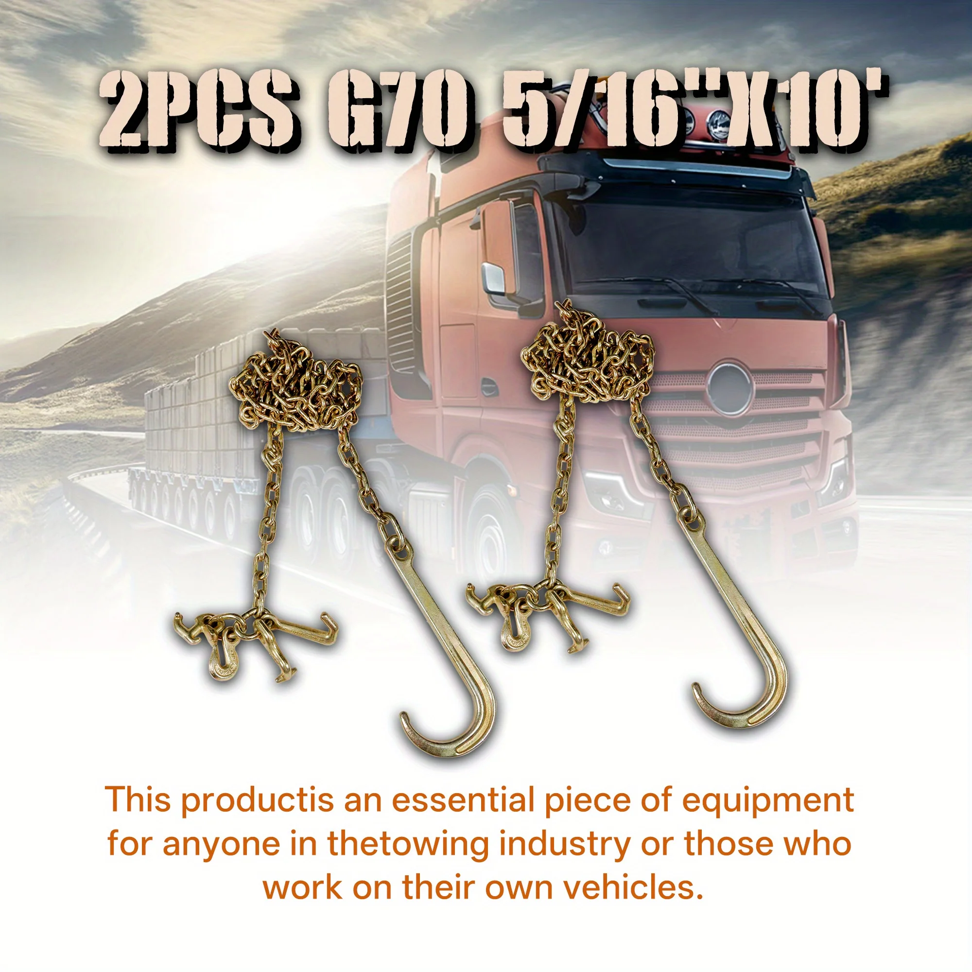

2PCS G70 5/16 x10 Transportation Tow Chain J Hook Long Shank with RTJ and Grab Hook Replacement for Recovery Truck Axles