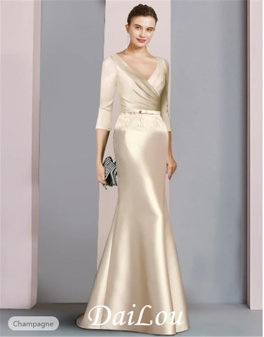 

Mother of the Bride Dress Wedding Guest Vintage Elegant V Neck Floor Length Satin Lace 3/4 Length Sleeve with Sash / Ribbon Bow